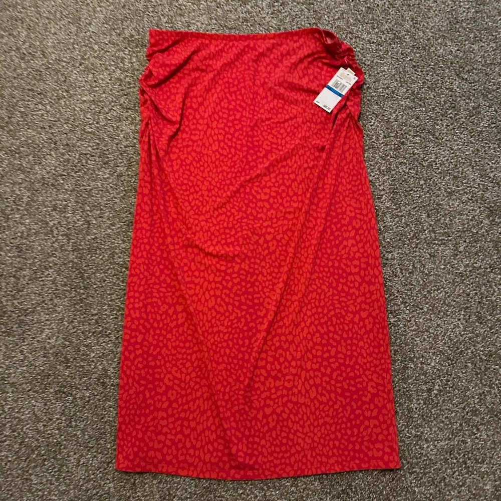 Michael Kors Cheetah Print Ruched Midi Skirt Red